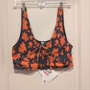 GANNI Navy Orange Floral Recycled Tie-Front Bikini Top